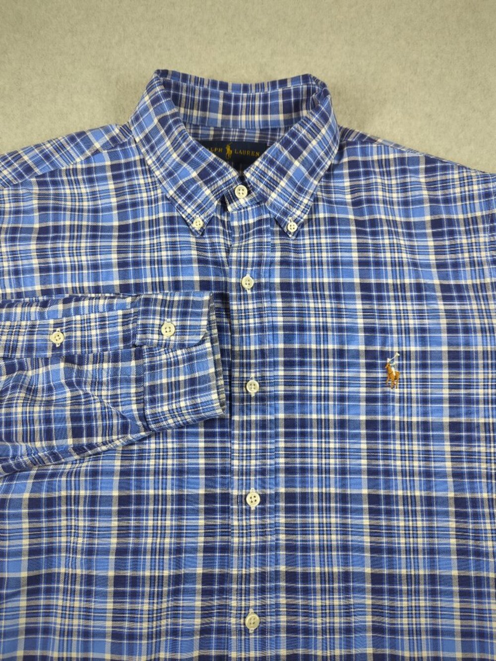 Ralph Lauren Shirt Men's Large Blue Plaid Long Sleeve Button Down Flesh Pony